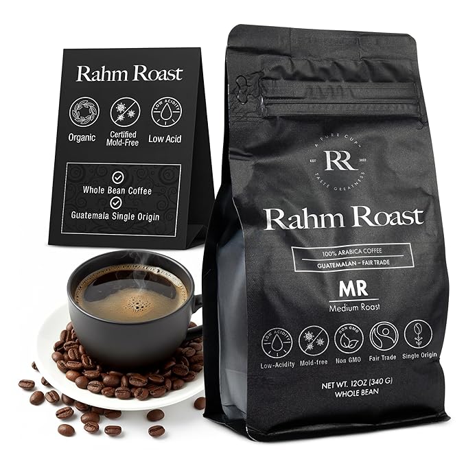 RAHM ROAST Mold-Free Organic Coffee Whole Bean Medium Roast Lab-Tested Mycotoxin-Free Low Acid Guatemalan Specialty Coffee for Purity 12oz Bag