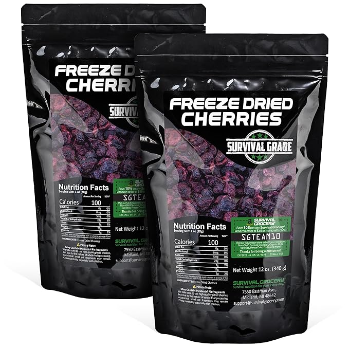 Freeze-Dried Sweet Cherries - Unsweetened No Preservatives Nutrient-Dense - Bulk &amp Multi-Pack Options by Survival Grocery® (24 oz./2 Resealable Bags)