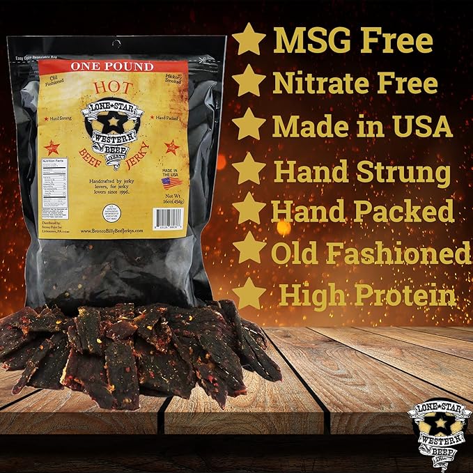 Lone Star Hot Flavored Beef Jerky - 1 Pound Resealable Bag - Hickory Smoked Handcrafted Flavor - High Protein Healthy Meat Snack