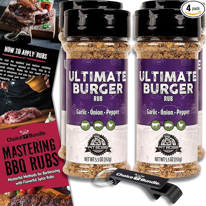 Pit Boss Ultimate Burger Premium BBQ Barbecue Mixed Seasoning Spice &amp Rub 4 pk Choice Bundle (22 oz) + Guide &amp Keychain Bottle Opener (6 Items)!