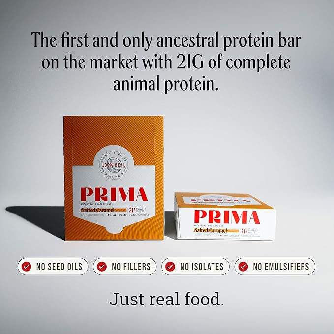 Prima Ancestral Protein Bar | Grass Fed 21g Protein Salted Caramel | Beef Tallow Raw Honey Egg Yolk | Seed Oil Free No Artificial Sweeteners | 7 Pack