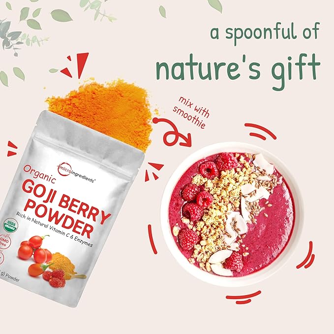 Organic Goji Powder 16 Ounces | 100% Natural Fruit Source | Freeze-Dried Berries | Sulfate &amp Additive Free | Great Flavor for Drinks Snacks &amp Beverages | Non-GMO &amp Vegan