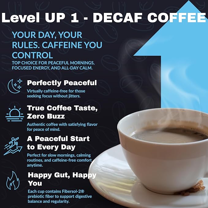 Level Up Premium Decaf Instant Coffee Sugar Free 30 Servings 10.58 oz (L1 - DECAF 2MG)