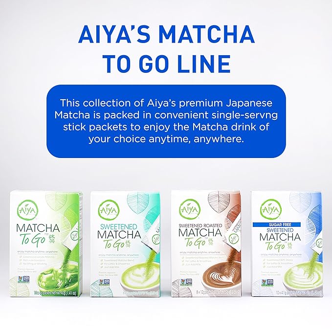Aiya Sugar-Free Sweetened Matcha To Go Sticks - Stevia Sweetened Packets Premium Japanese Matcha Powder Gluten-Free - 10 Single-Serving Sticks