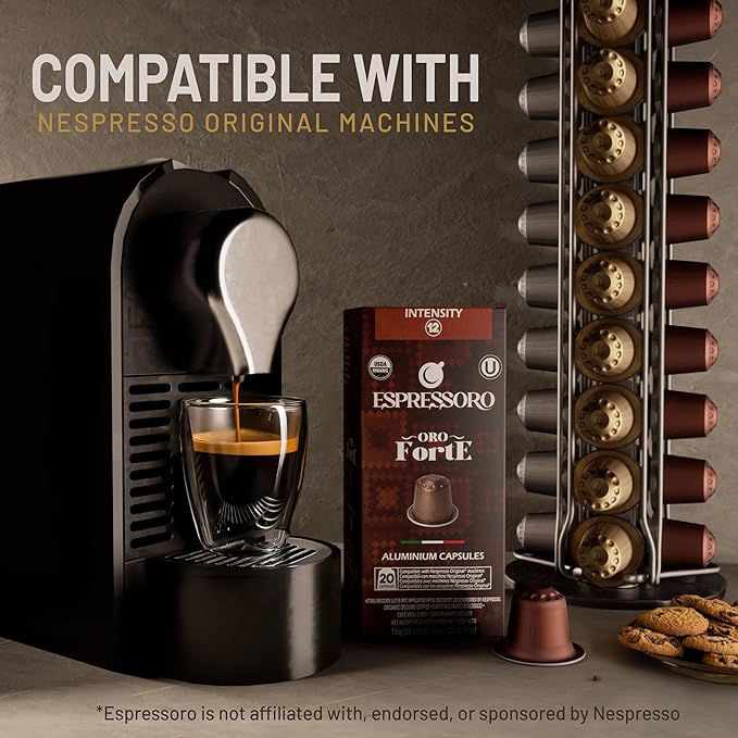 ESPRESSORO 100 USDA Organic Espresso Pods - FORTE Aluminum Capsule Compatible with Nespresso Original Lines Machines. Intensity 12 Premium Italian Expresso Coffee Capsules