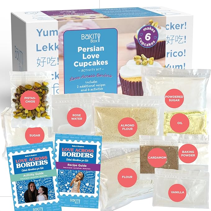 BāKIT Box Persian Love Cupcakes Baking Kit for Kids – Global Cultural Baking Activity Set with Recipe Booklet &amp Premium Ingredients – Includes Rose Water Cardamom &amp Pistachios – Ages 7–14