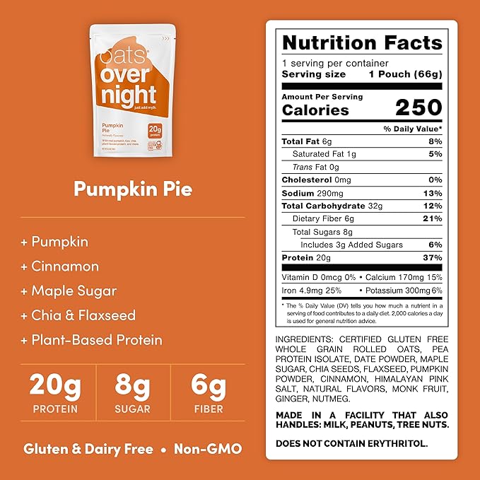Oats Overnight Pumpkin Pie - Vegan Overnight Oats with 20g Protein High Fiber Breakfast Protein Shake - Gluten Free Oatmeal Non GMO High Protein Oatmeal (2.3 oz per meal) (16 Pack)