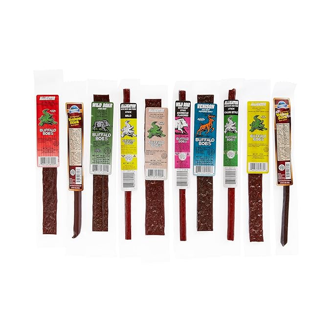 Jerky Dynasty Bayou Mix - Exotic Beef Jerky Snack Packs with Venison Wild Boar &amp Alligator - Unique Flavors from Around the World in Slim Stick Style Jerky Variety Pack - (10 Pack)