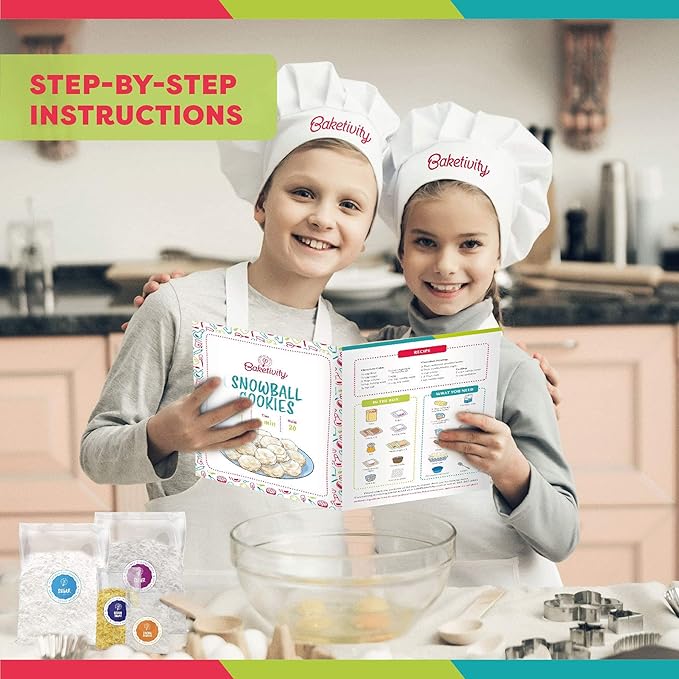 Baketivity Kids Baking Set Meal Cooking Party Supply Kit for Teens Real Fun Little Junior Chef Essential Kitchen Lessons Includes Pre-Measured Ingredients (Baketivity Kit Snowball)