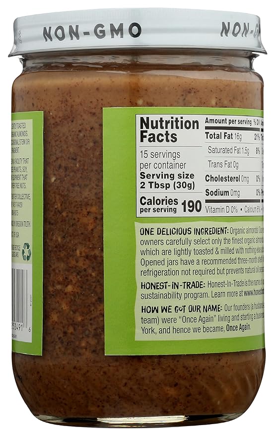 Once Again Organic Crunchy Almond Butter 16oz - Lightly Toasted - Salt Free Unsweetened - USDA Organic Gluten Free Certified Peanut Free Vegan Kosher Paleo - Glass Jar