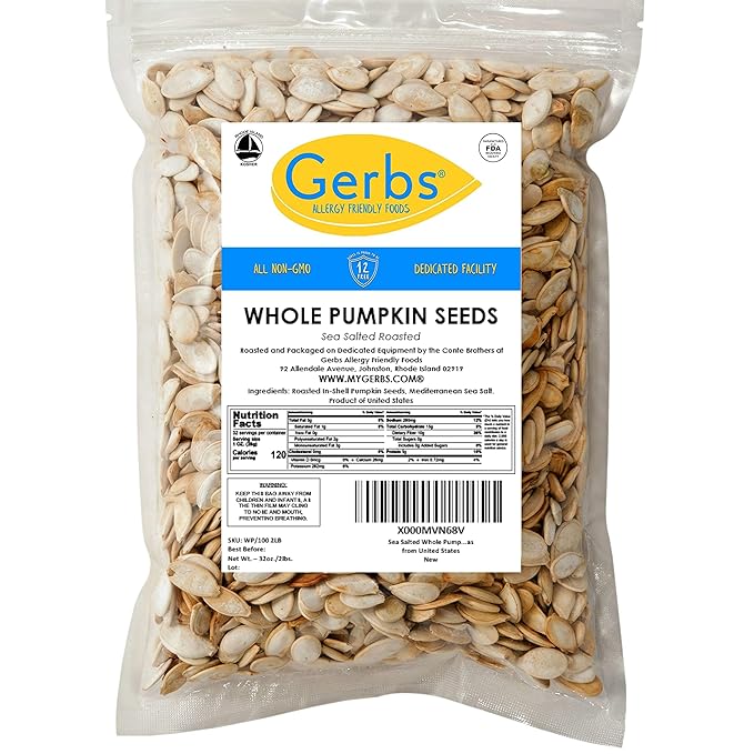 Sea Salted Roasted Pumpkin Seeds in Shell by Gerbs – 2 LBS - Top 11 Food Allergen Free &amp Non GMO - Premium Whole Pepitas Product of USA