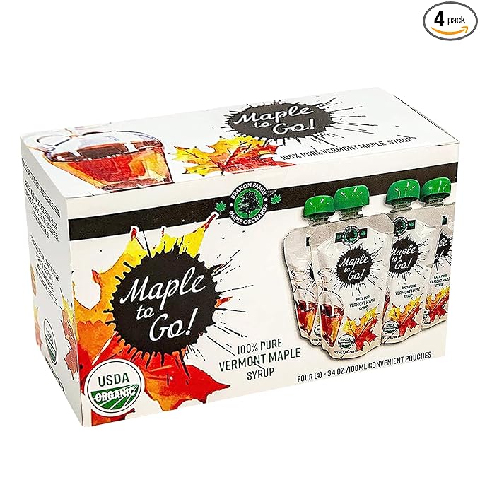 Maple to Go! - Pure Organic Vermont Maple Syrup Packets - Small Maple Syrup Bottles with Resealable Twist Cap| Ideal for Hiking Camping Traveling and Kitchen Use - Pack of 4