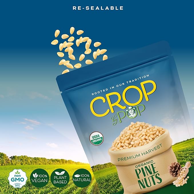 CROP BY POP - Organic Raw Pine Nuts Pignolias Unsalted Shelled (16oz - 1 LB) Packed Fresh in Resealable Bag - USDA Organic Non GMO - Naturally Grown Vegan Kosher