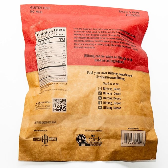 Biltong Depot Smoky Mesquite Biltong Slices - 1lb (16oz) | Air-Dried Beef Jerky Snack | High Protein | Paleo and Keto friendly | Zero Sugar | Gluten Free | No Artificial Preservatives | No MSG