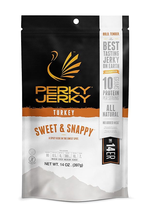Perky Jerky Sweet and Snappy Turkey Jerky 14oz - Low Sodium - 10g Protein per Serving - Low Fat - 100% U.S. Sourced - Tender Texture and Bold Flavor