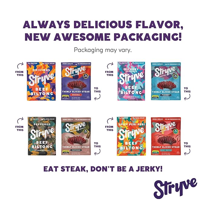 Stryve - Better Than Jerky Steak Snacks Protein Rich Beef Biltong | 36g Protein Sugar Free Carbs Free Gluten Free Dairy Free Keto &amp Paleo Friendly | Variety Pack Pack Of 4