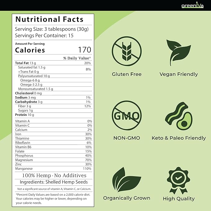 GreenIVe Hemp Hearts 3 Pounds – American Hemp Packed in USA Raw Hulled Hemp Seeds – Plant-Based Protein Vegan Omega 3 &amp 6 Fiber – Non-GMO Gluten-Free Resealable Bag (3 Pounds)