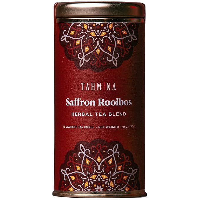 Tahmina Saffron Rooibos Caffeine Free Tea: South African Herbal Blend with Saffron 12 Biodegradable Pyramid Tea Bags Makes 36 Cups of Tea (1 Pack)