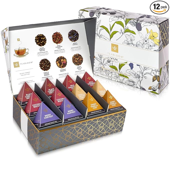Teabloom Organic Black Forest Pyramid Tea Presentation Box 12 Assorted Black Tea Blends USDA Certified Organic Whole-Leaf Pyramid Tea Sachets