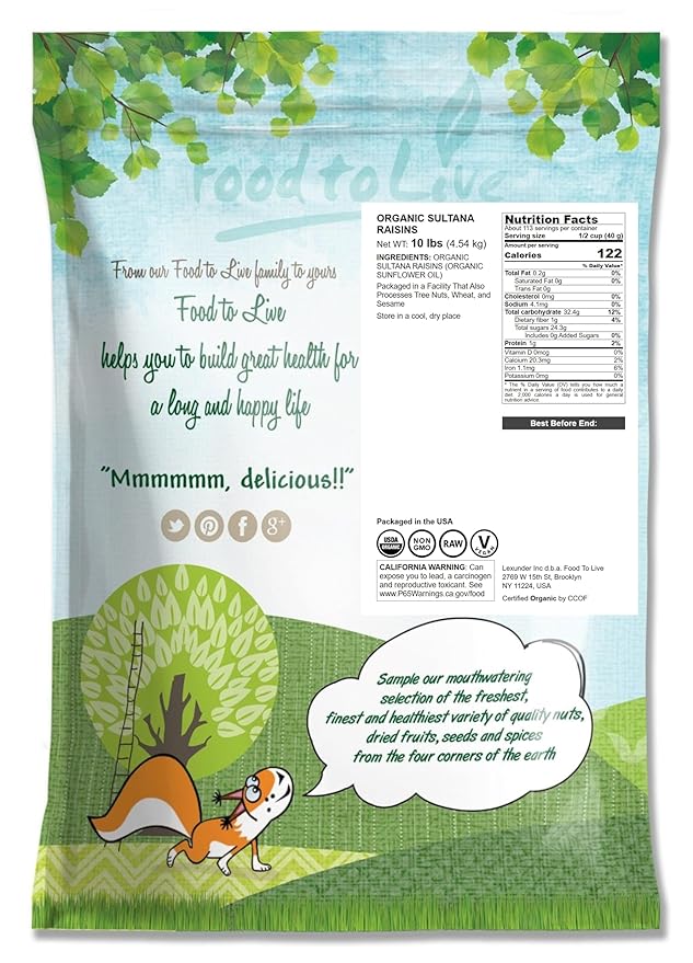 Food to Live Organic Sultana Raisins 10 Pounds - Non-GMO Unsweetened Unsulfured Lightly Coated with Organic Sunflower Oil Vegan Paleo Friendly Bulk. No Sugar Added. Vitis Vinifera Linne