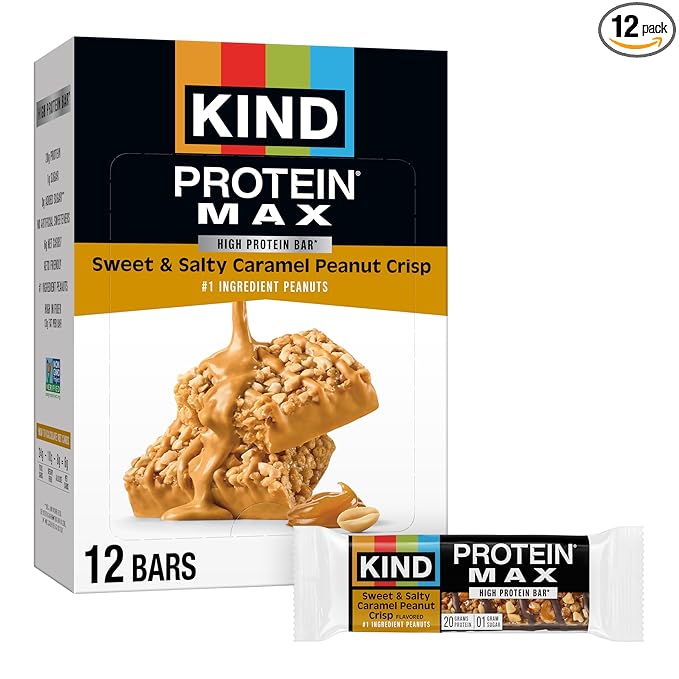 KIND Protein MAX Sweet &amp Salty Caramel Peanut Crisp Snack Bars Keto Friendly 20g Protein 12 Count