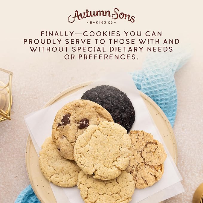Autumn Sons Baking Co. Gluten Free Cookie Mix Variety Pack. Sugar Cookie Chocolate Chunk Double Chocolate Chunk &amp Oatmeal Cinnamon. Vegan Plant Based Baking Mix. Top 9 Allergen Free. 9.3 oz (Pac