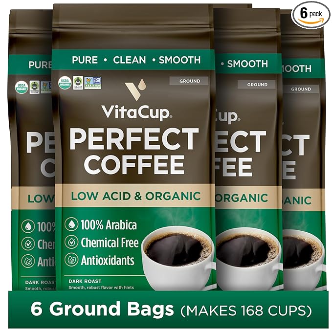 VitaCup Perfect Low Acid Coffee Ground USDA Organic &amp Fair Trade Dark Roast Guatemala Single Origin Clean &amp Pure for Drip Coffee Brewers and French Press 6 bags 11oz each