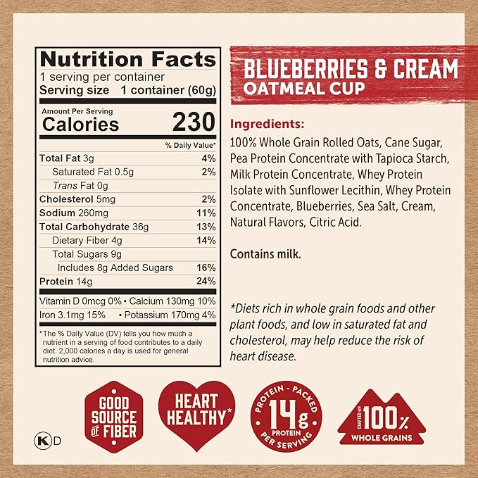 Kodiak Instant Oatmeal Cups Blueberries &amp Cream High Protein 100% Whole Grains (12 cups)