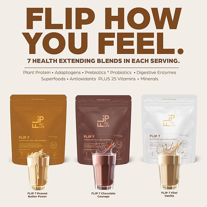 Flip My Life Flip 7 Natural SuperFood Plant-Based Protein Complete Meal Replacement to Support Healthy Gut 7 Mega Nutrient Rich Blends all in one to AGE BETTER - Chocolate