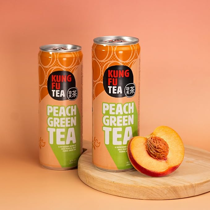 Kung Fu Tea Canned Peach Green Tea – Lightly Sweetened Peach Green Tea in a Can Ready to Drink – All Natural Premium Iced Tea – 12 oz Cans Pack of 12