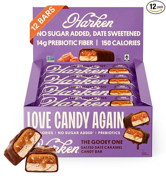 Harken Sweets The Gooey One Oat Milk Chocolate Candy Bars with Date Caramel Sweetened with Dates and No Sugar Added High Fiber Nut-Free Gluten-Free Plant-Based 12 Bars