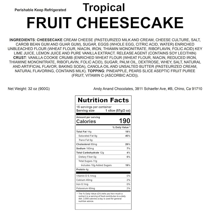 ANDY ANAND CHOCOLATIER Tropical Fruit Cheesecake 9” 2 lbs | Creamy New York-Style Dessert Glazed with Pineapple Pears &amp Peach | Bakery-Fresh Gourmet Indulgence