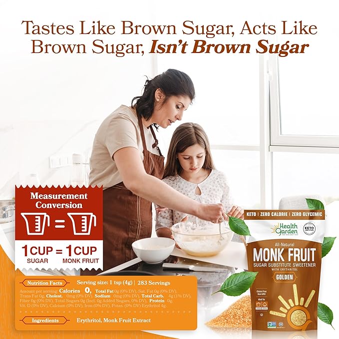 Health Garden Monk Fruit Sweetener Golden 2.5lbs Bag – 1:1 Monk Fruit Sugar Substitute with Erythritol – Zero Calorie Monkfruit Sweetener Pure – Ideal for Baking Keto Friendly Non-GMO Kosher