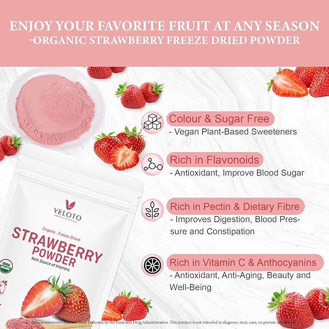 VELOTO Strawberry Powder Strawberry Fruit Freeze Dried Powder Vitamin C Supplement Natural Antioxidants Superfoods for Smoothie &amp Beverage Blend Vegan Non-GMO Gluten-Free 12 oz