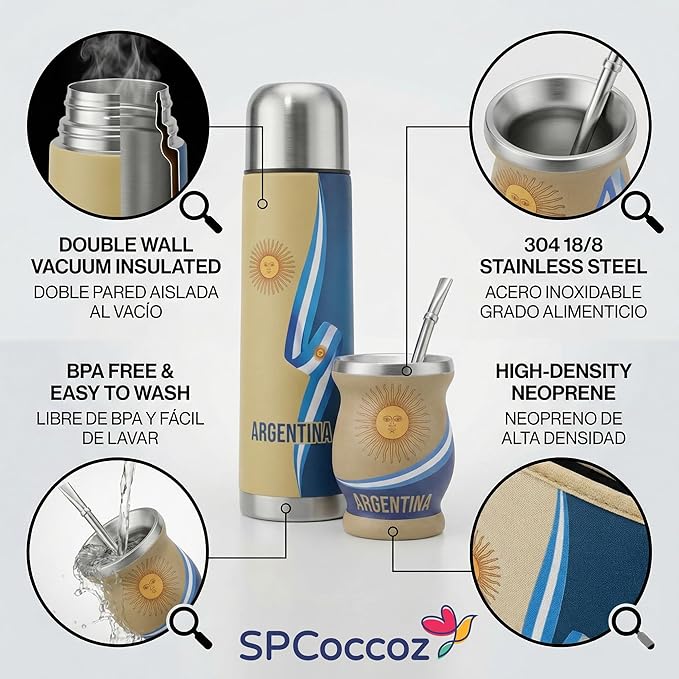 Yerba Mate Cup Set – Complete Argentine Yerba Mate Kit - 750 ml Stainless Steel Bottle Mate Gourd Bombilla Neoprene Bag Yerba Container &amp Gift Box (Cinta Argentina con Sol)