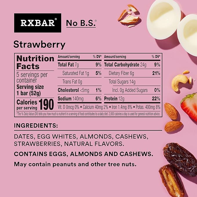 RXBAR Protein Bars 12g Protein Gluten Free Snacks Strawberry (6 Boxes 30 Bars)