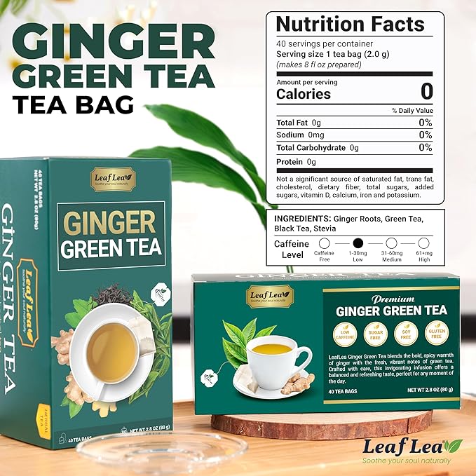 LeafLea Ginger Green Tea 120 Tea Bags Premium Green Tea Blend with Pure Ginger Root Supports Digestive Wellness Natural Flavor Low Caffeine Sugar-Free