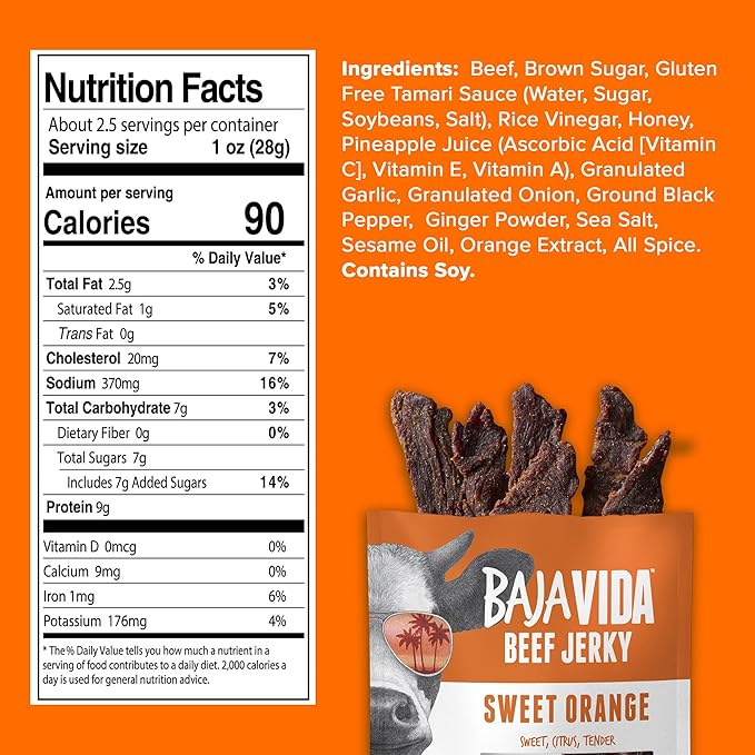 BAJA BEEF Baja Vida Sweet Orange Beef Jerky - Beef Jerky Snack Packs Healthy Jerky Gluten-Free All-Natural Beef No MSG Made in the USA - 2.5 Oz (Pack of 3)