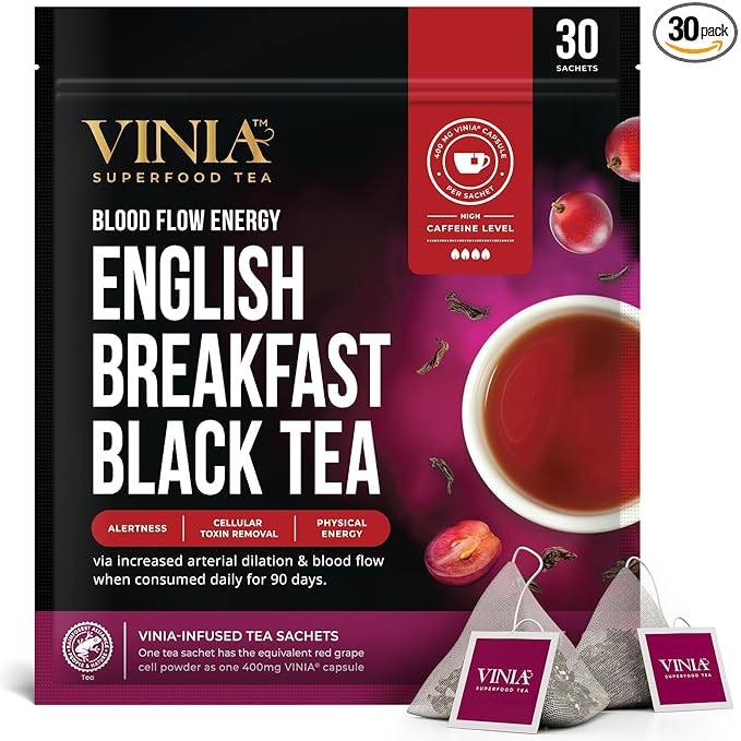 VINIA English Breakfast Black Tea Bags Made with Organic Tea Infused with Piceid Resveratrol for Heart Health Nitric Oxide Physical Energy Alertness Blood Flow Keto Kosher NON-GMO. 30 Ct