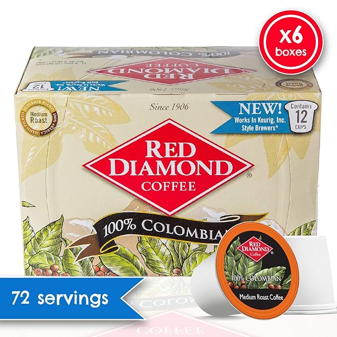 Red Diamond Coffee Cups 100% Colombian Medium Roast Single Serve Coffee Cups Compatible with Most Brewers 12 Count (Pack of 6)