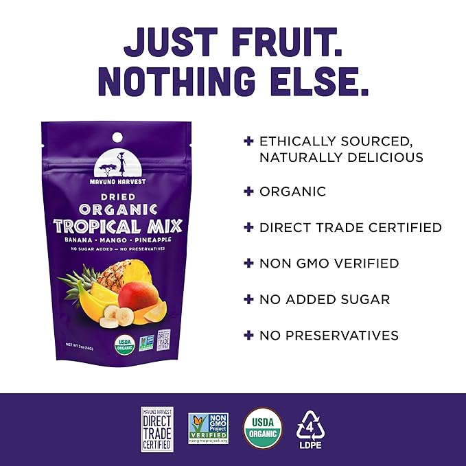 Mavuno Harvest Tropical Mix Dried Fruit Snack | Unsweetened Organic Mixed Dried Fruit | Gluten Free Healthy Snacks for Kids and Adults | No Sugar Added Vegan Non GMO | 2 Ounce Pack of 6