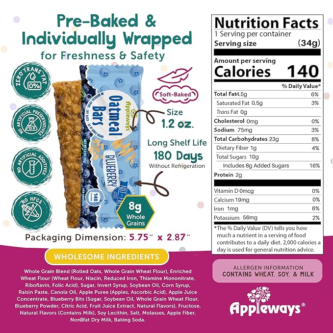 Appleways Blueberry Oatmeal Bars 1.2 oz 216 Count - Individually Wrapped Whole Grain Soft Baked Oat Snack Bars Healthy and Nut-Free Breakfast Bar Snacks for On the Go Made in USA (16.2 lbs Total)