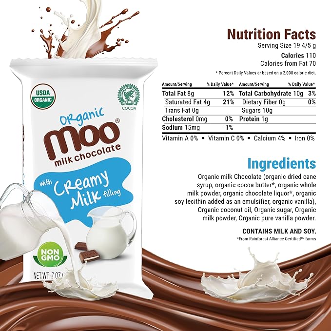 Moo Chocolates Organic Milk Chocolate Mini Bars with Creamy Milk Filling 0.7oz 28 ct (Pack of 2) | USDA Organic Non-GMO | 110 Calorie Snacks for On-the-Go Lunchboxes Office