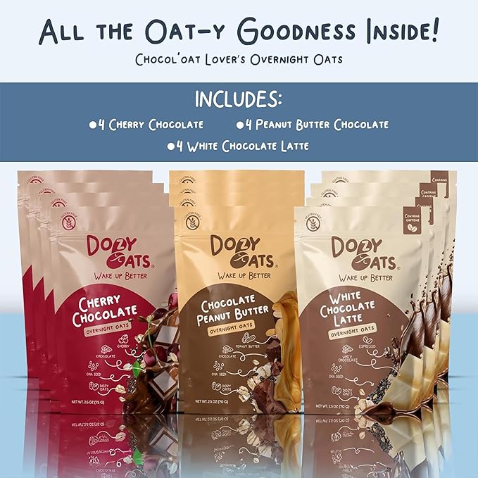 Dozy Oats Overnight Oatmeal Packets Chocol'oat Lover’s Variety Box with Rolled Oats Chia Seeds and Date Powder. Gluten-Free Natural Source of Protein and Fiber 12-Pack