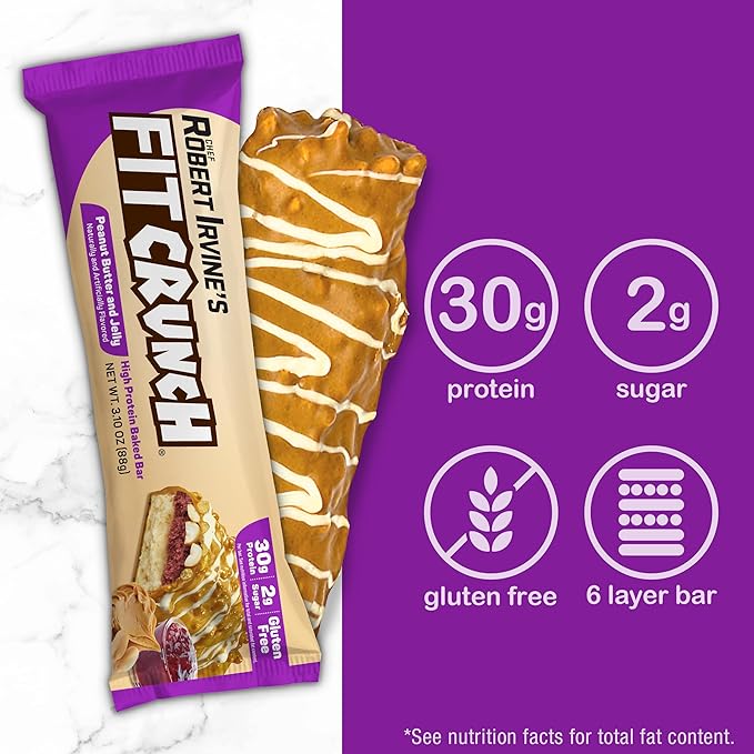 FITCRUNCH Full Size Protein Bars 6-Layer Baked Bar 2g of Sugar Gluten Free &amp Soft Cake Core (12 Bars Peanut Butter and Jelly)