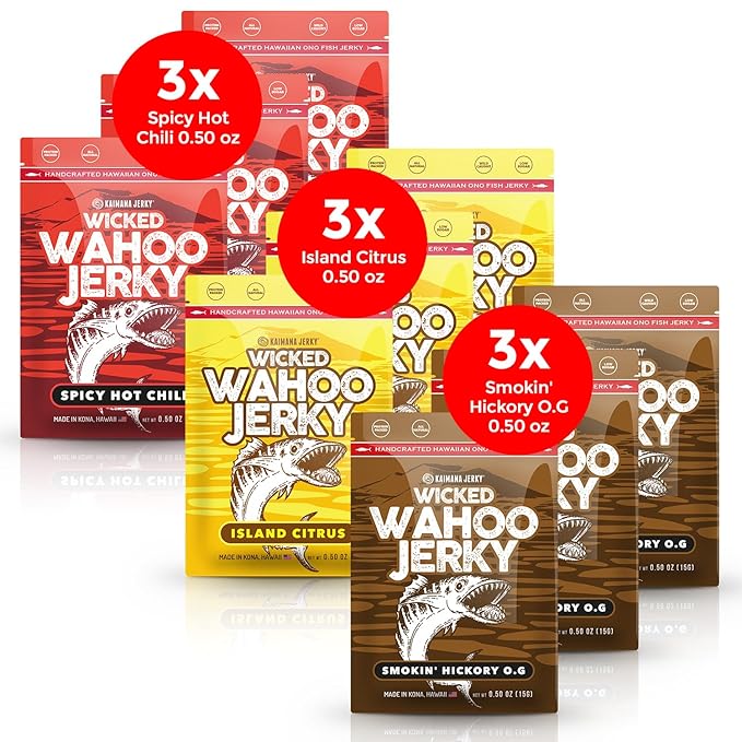 Wahoo Ono Fish Jerky Variety Sampler- Smokin' Hickory O.G Island Citrus &amp Spicy Chili - Organic Gourmet Smoked Fish Strips Rich in Omega-3 &amp Protein Low-Calorie Low Sodium &amp Sugar- 9