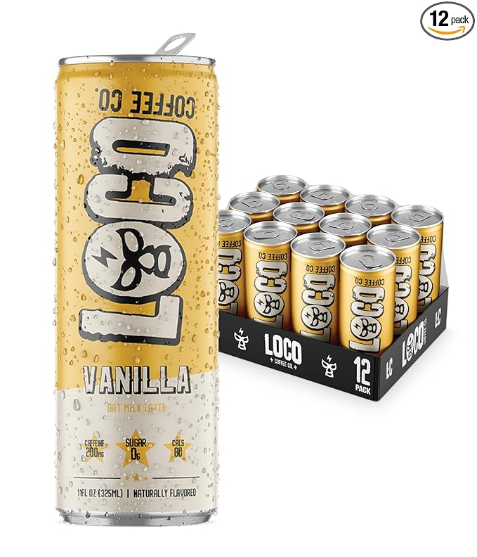Loco Coffee Vanilla Latte 11 Ounce Can 12 Count | Zero Sugar 200mg Caffeine | Gluten Free and Dairy Free | Low Calorie Iced Coffee