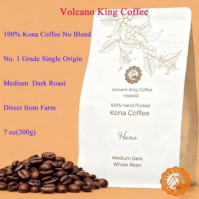 Hawaiian Kona Coffee Beans No. 1 Grade 100% Kona No Blend Medium Dark Roast Whole Bean from Our Coffee Estate in Hawaii Smooth and Low Acidity(Hana 7 oz)