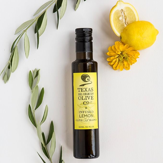 Texas Hill Country Olive Co Lemon Infused Olive Oil - Cold Pressed Gourmet EVOO Olive Oil - Great for Dressing Dipping Marinade - No Artificial Flavors or Added Sugar - Made in Texas (8.5 oz)