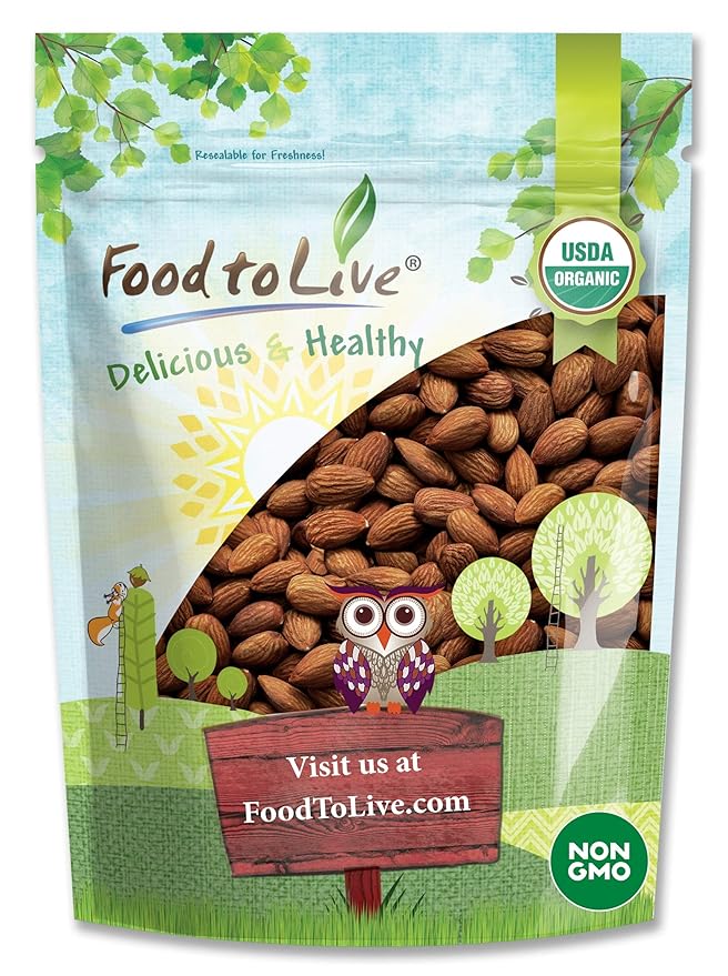 Food to Live Organic Dry Roasted Almonds 2.5 Pounds – Non-GMO Unsalted Vegan Keto Paleo Kosher Bulk High in Protein Dietary Fiber Vitamin E Copper Manganese Magnesium and Riboflavin.